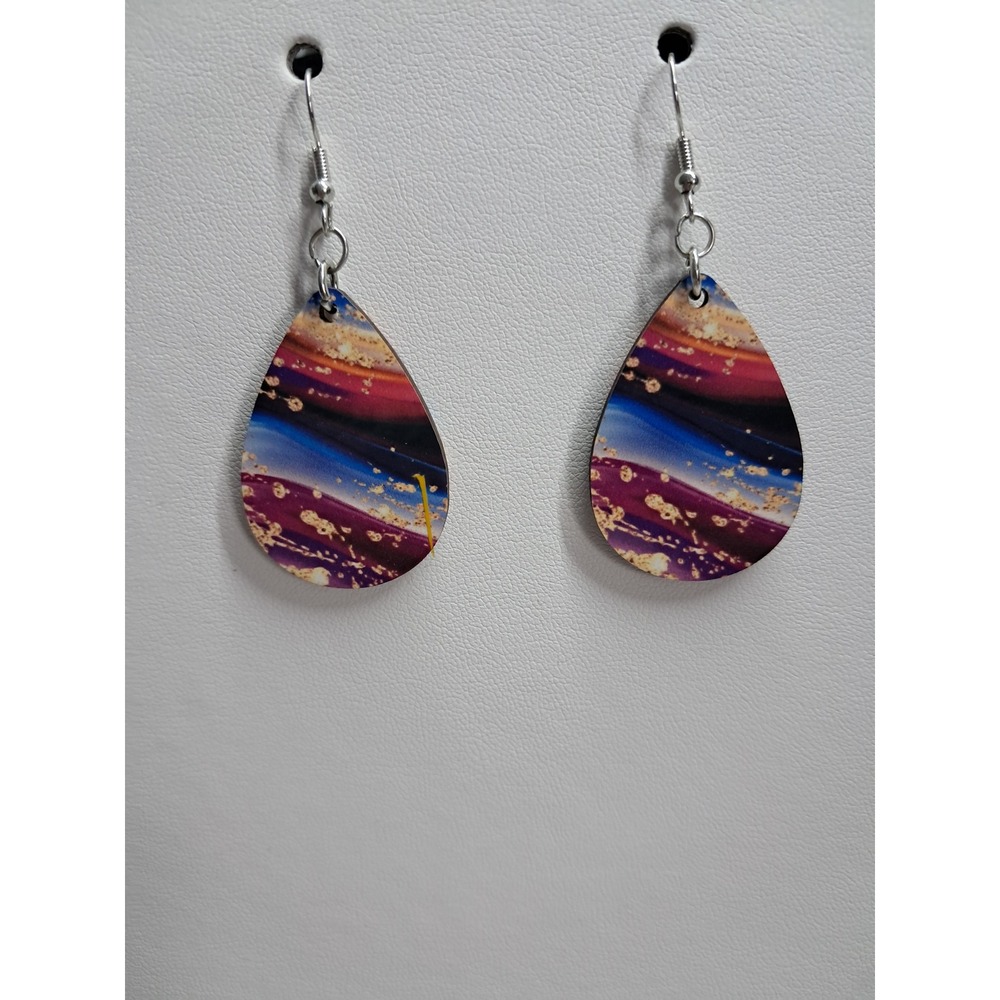 Abstract Teardrop Dangle‎ Earrings Purple Blue Gold Swirl Boho Artistic Jewelry